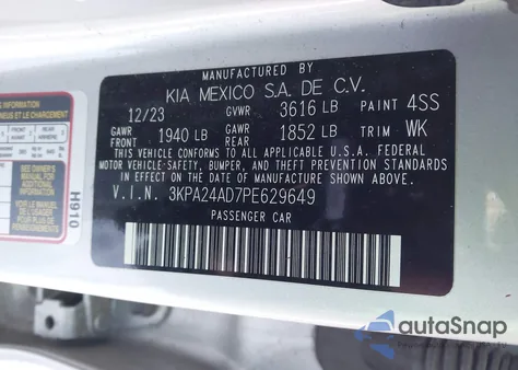 2023 Kia Rio Lx z USA, uszkodzony, nr VIN 3KPA24AD7PE629649